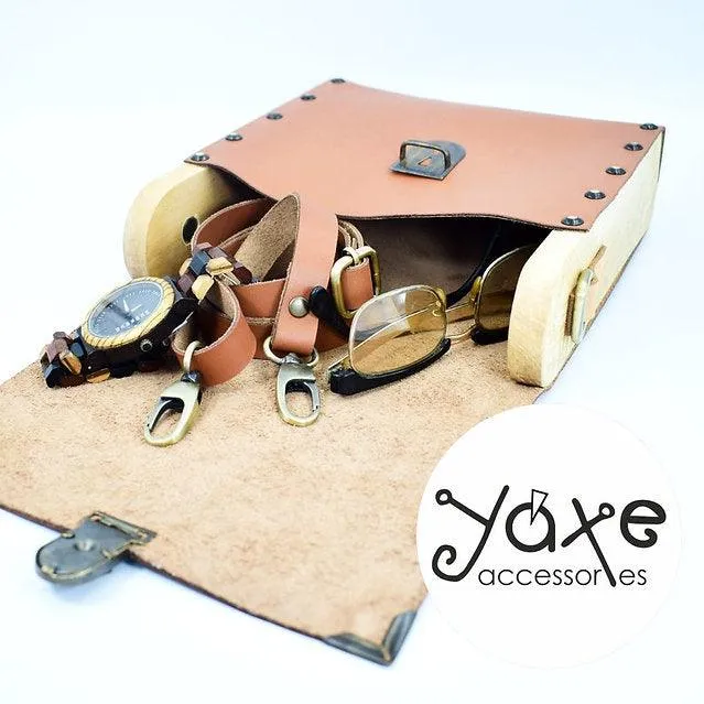 Brown whisky leather and olive wood shoulder crossbody men's bag