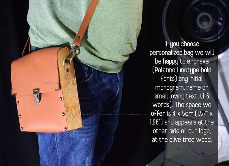 Brown whisky leather and olive wood shoulder crossbody men's bag