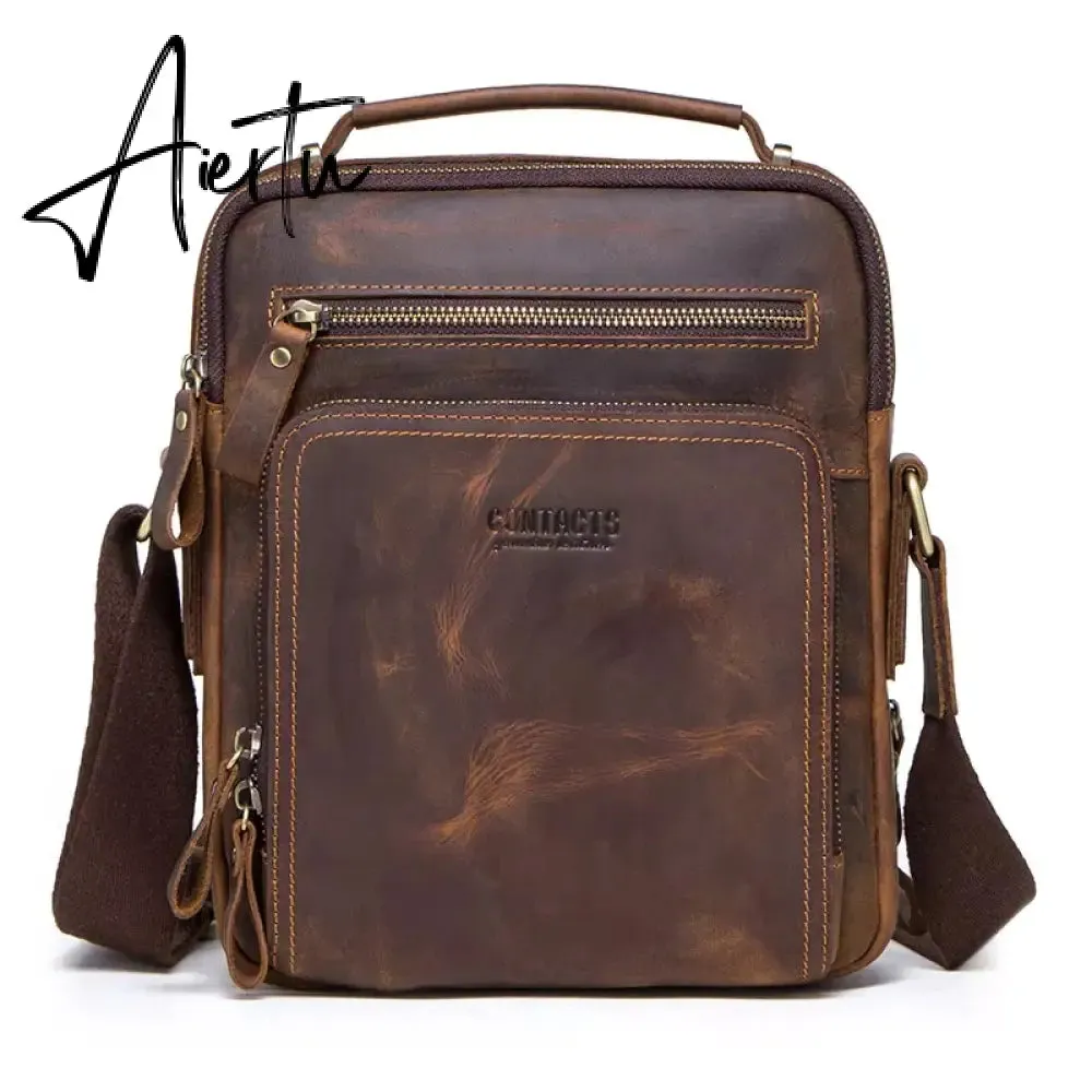 Crazy Horse Leather Men's Shoulder Bag Vintage Messenger Bags Men Bolsos Male Crossbody Bags Man's Handbag Sling Bag