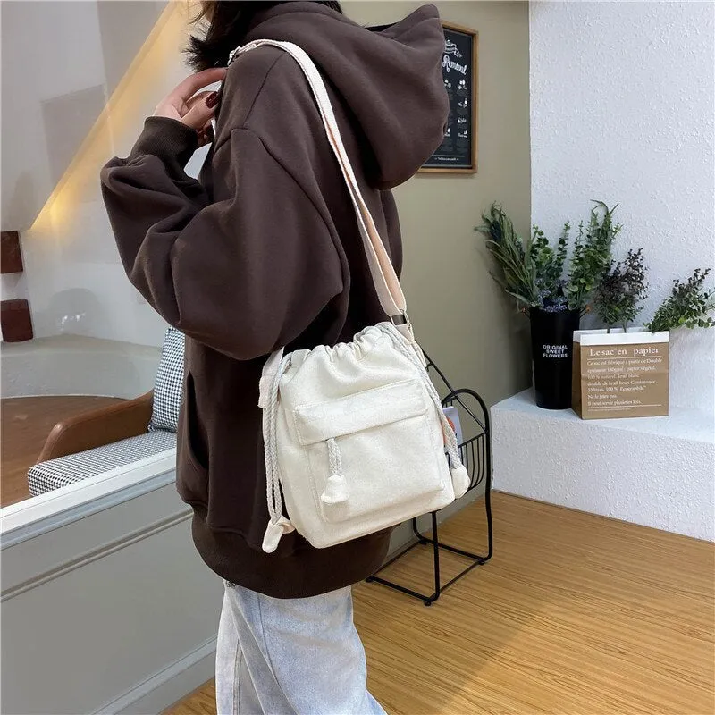 Drawstring women Bucket Bags Casual canvas Broad strap female Shoulder bag lady Tassel Crossbody messenger Bag bolsas handbag