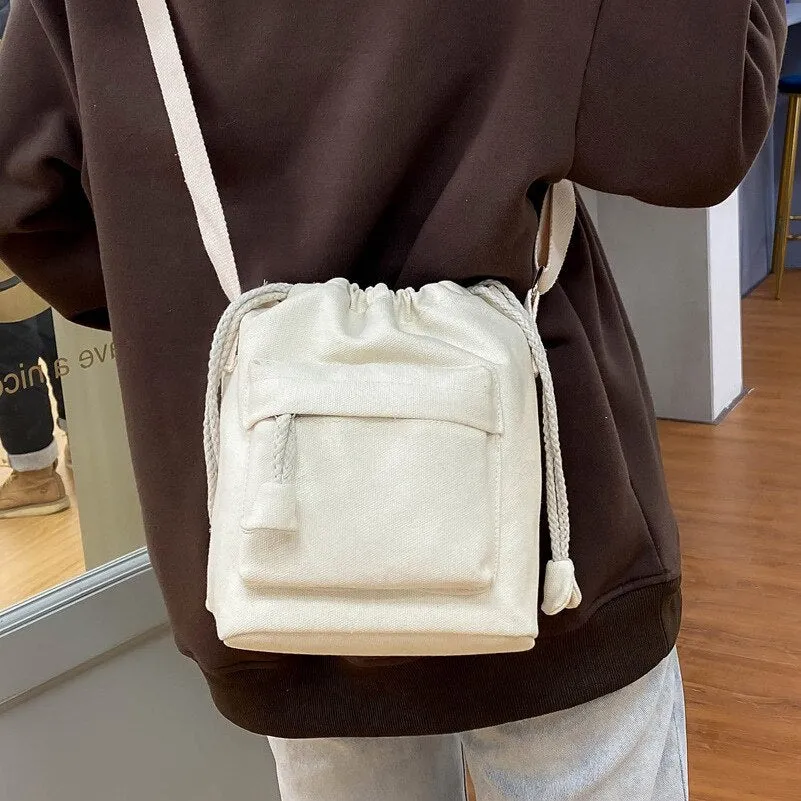 Drawstring women Bucket Bags Casual canvas Broad strap female Shoulder bag lady Tassel Crossbody messenger Bag bolsas handbag