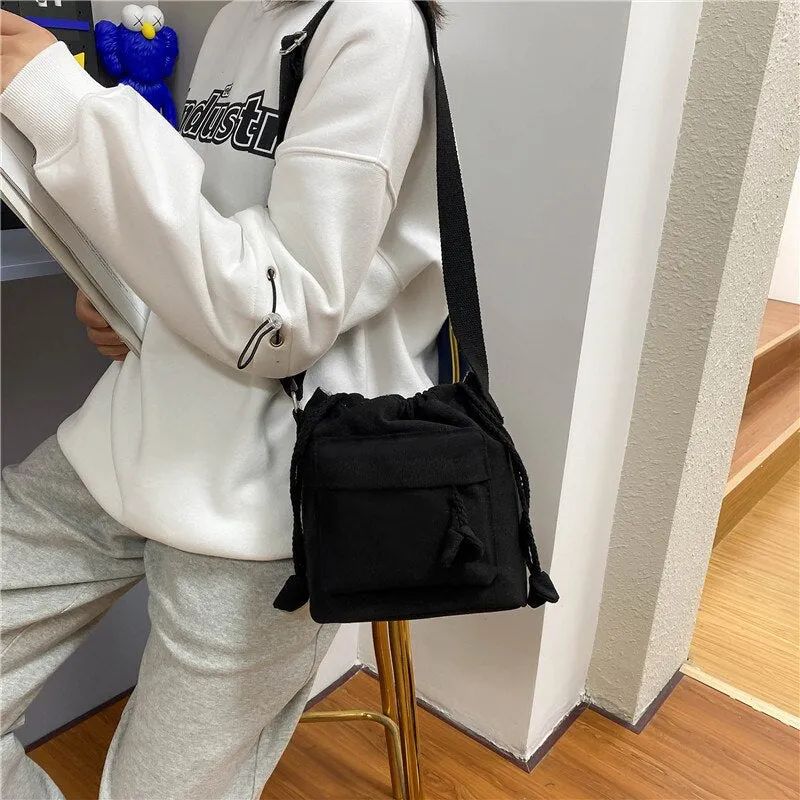 Drawstring women Bucket Bags Casual canvas Broad strap female Shoulder bag lady Tassel Crossbody messenger Bag bolsas handbag