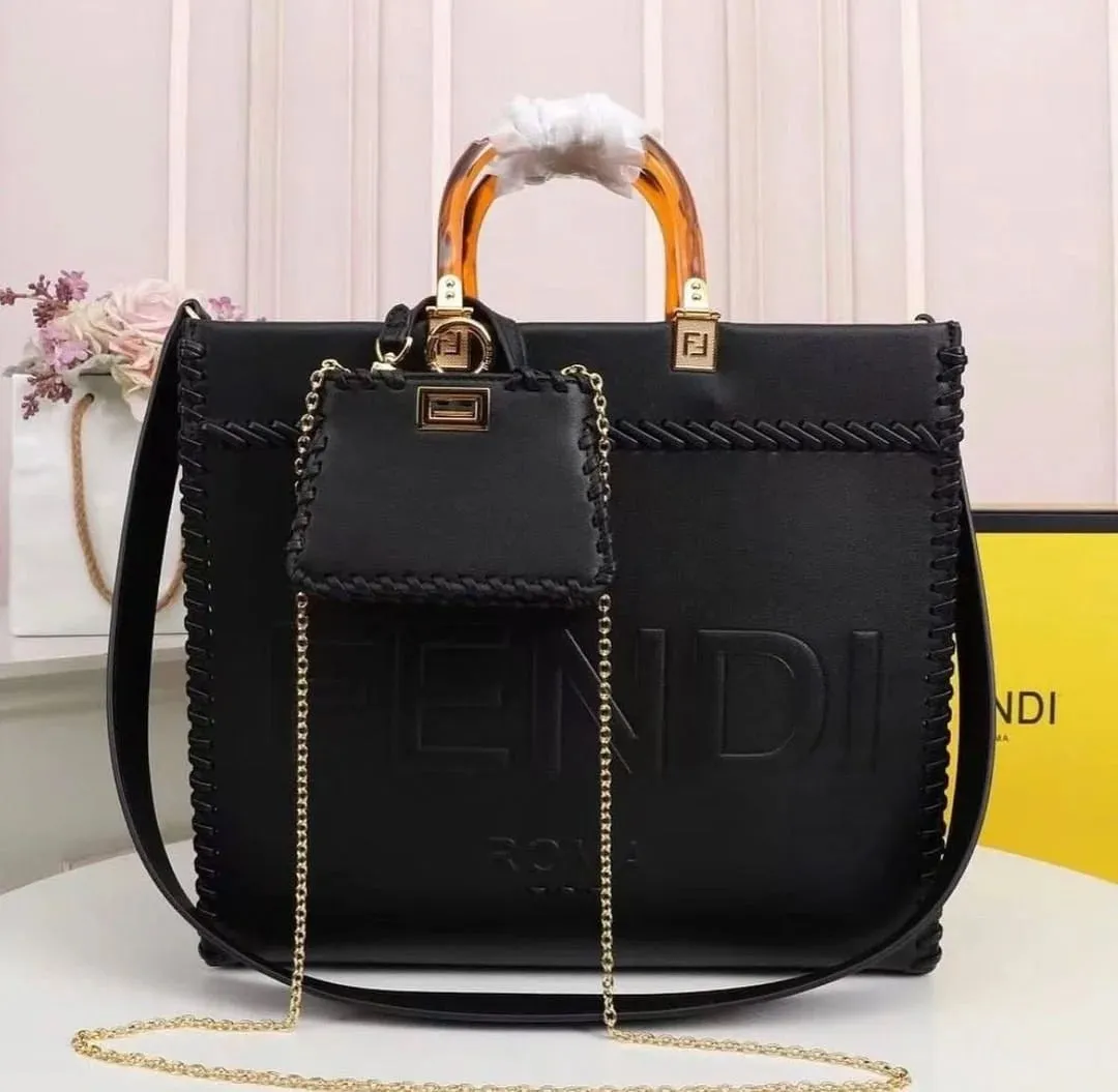 Fendi Sunshine Tote Bag Black With Decorative Stitching