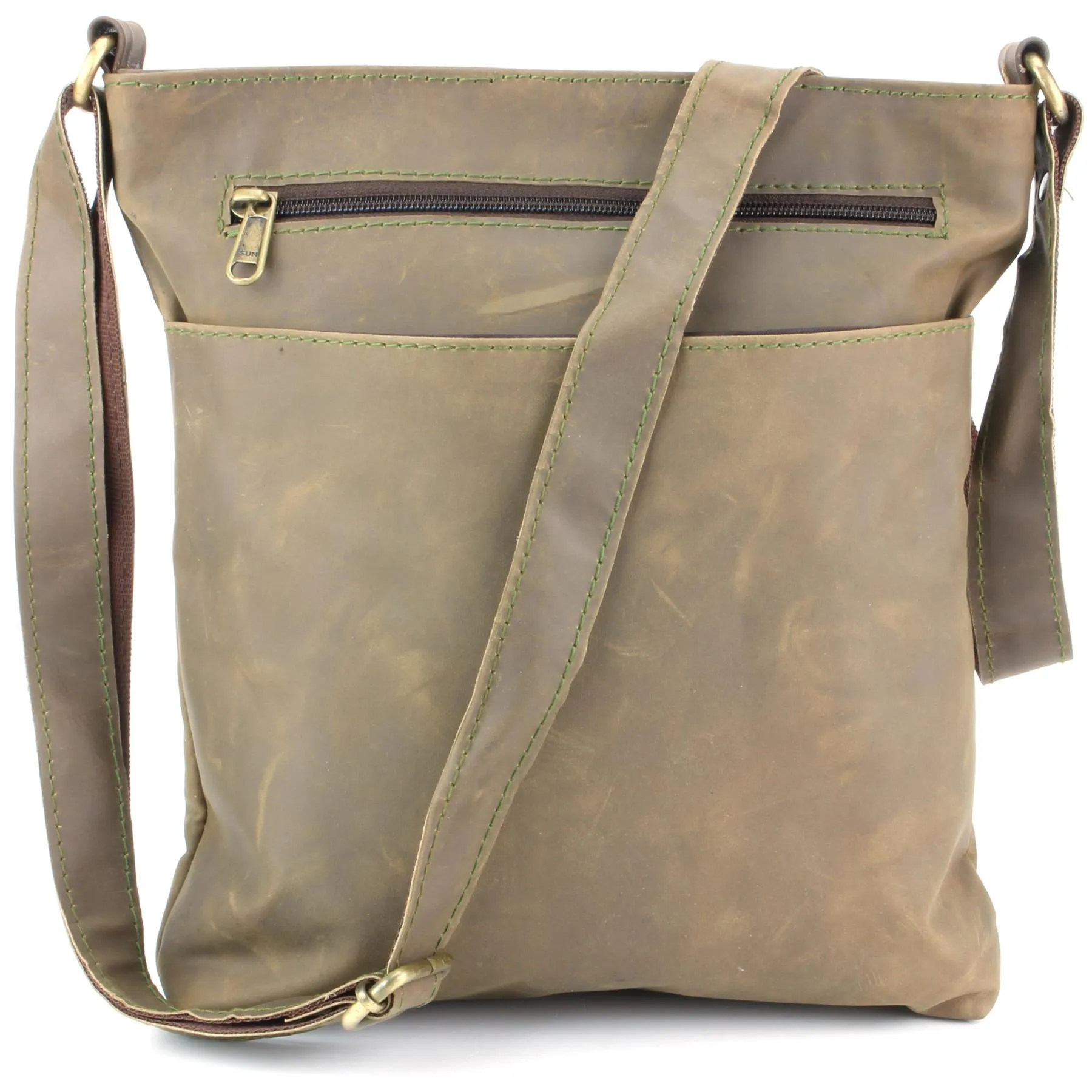 Real Leather Shoulder Bag with Front Zip and Pouch Pocket - Light Brown