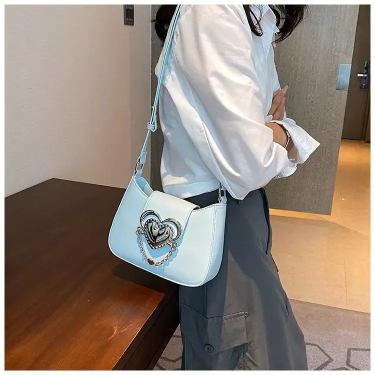 Sohiwoo Hot Girls Heart Y2k Handbag Women High Street Chain Leather Blue Messenger Bag Female Harajuku Mini Shoulder Bag New