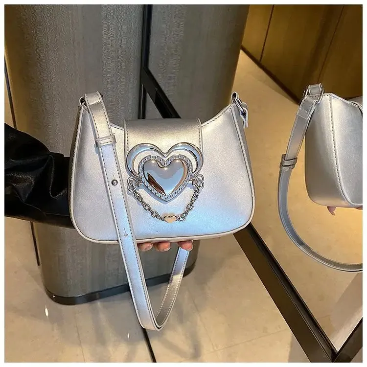 Sohiwoo Hot Girls Heart Y2k Handbag Women High Street Chain Leather Blue Messenger Bag Female Harajuku Mini Shoulder Bag New
