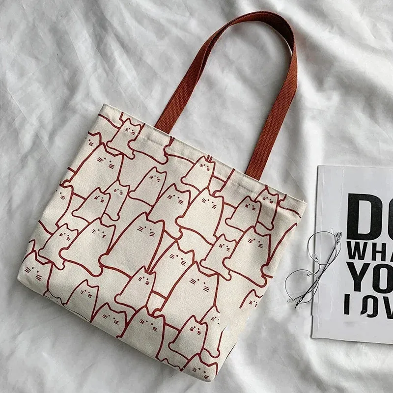 Uakiss Canvas Bags Handbag for Women Shopper Cute Cat Tote Bag with Zipper Designer Bag Japanese Style Cartoon Small Shoulder