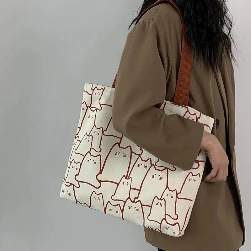 Uakiss Canvas Bags Handbag for Women Shopper Cute Cat Tote Bag with Zipper Designer Bag Japanese Style Cartoon Small Shoulder