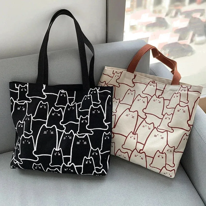 Uakiss Canvas Bags Handbag for Women Shopper Cute Cat Tote Bag with Zipper Designer Bag Japanese Style Cartoon Small Shoulder