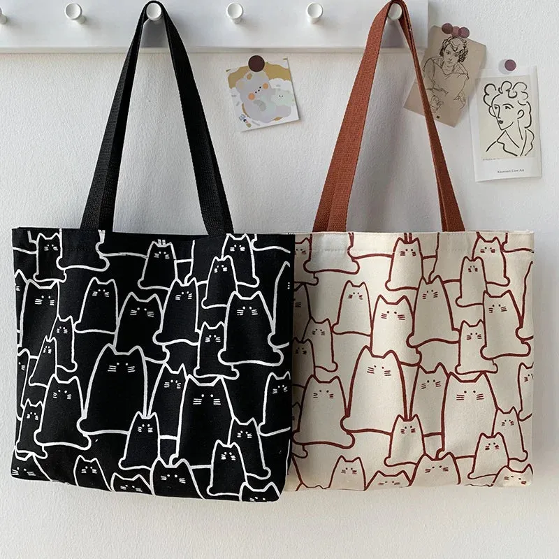 Uakiss Canvas Bags Handbag for Women Shopper Cute Cat Tote Bag with Zipper Designer Bag Japanese Style Cartoon Small Shoulder