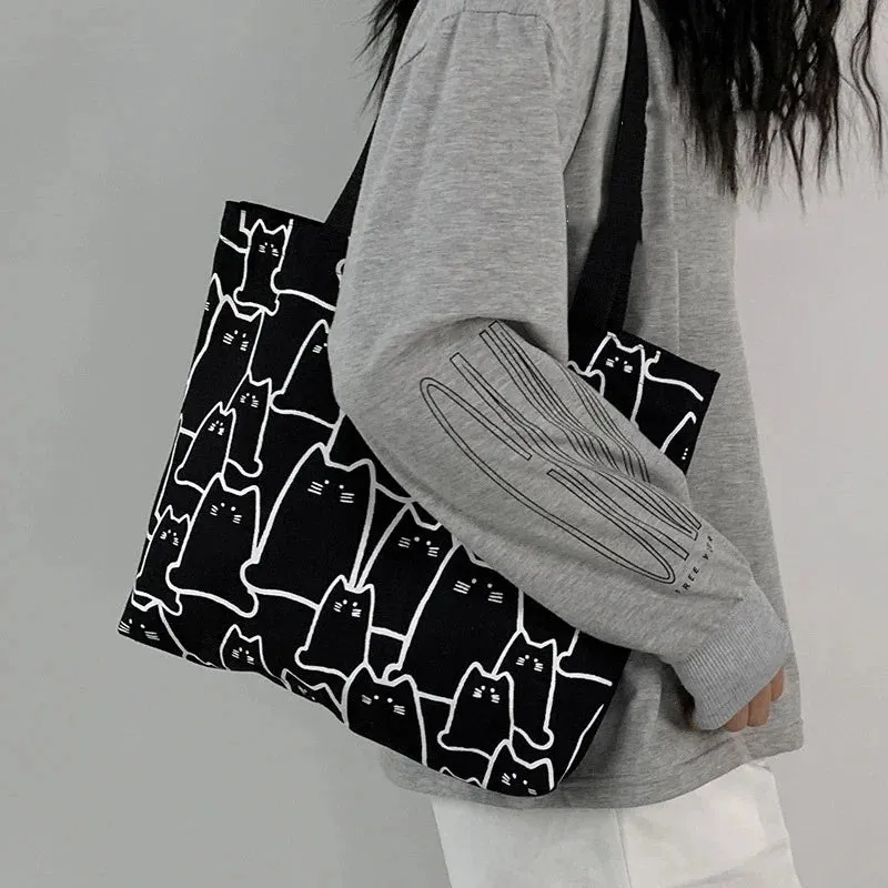 Uakiss Canvas Bags Handbag for Women Shopper Cute Cat Tote Bag with Zipper Designer Bag Japanese Style Cartoon Small Shoulder