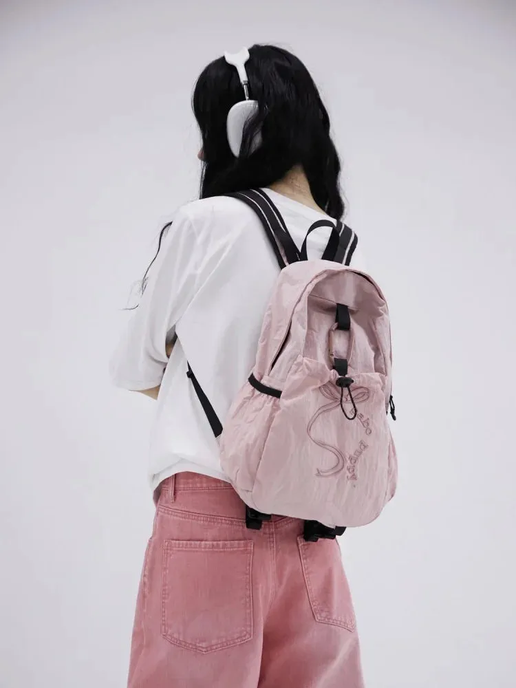 UAKISS  -  Korean Embroidery Bow Women Nylon Pink Backpacks Girls School Bag High Capacity Female Lightweight Travel Bags Preppy Style
