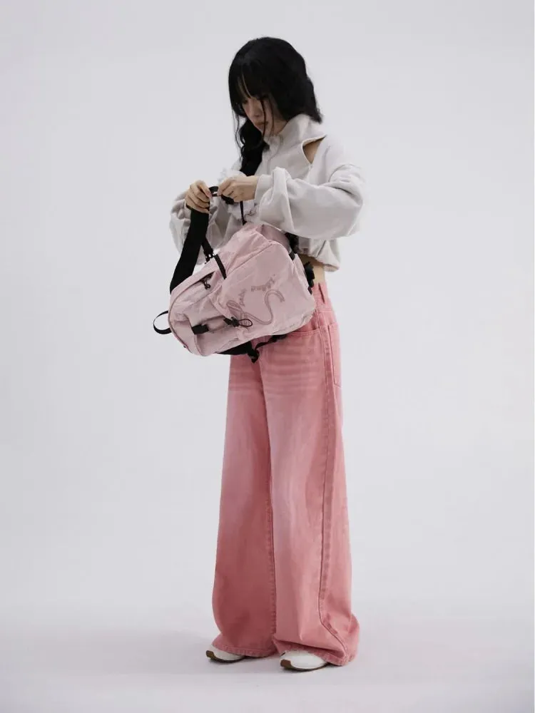 UAKISS  -  Korean Embroidery Bow Women Nylon Pink Backpacks Girls School Bag High Capacity Female Lightweight Travel Bags Preppy Style