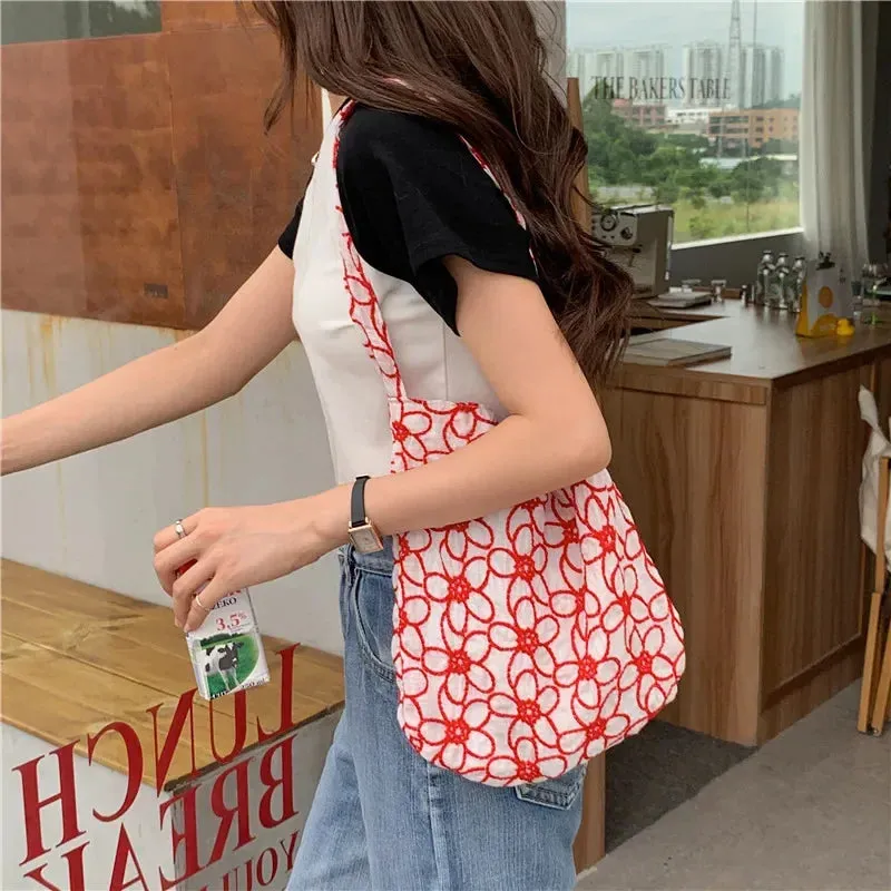 UAKISS  - New Style Ladies Cotton Shoulder Bag Korean Embroidered Flowers Female Totebags Fashion Large-capacity Shopping Bag School Bags