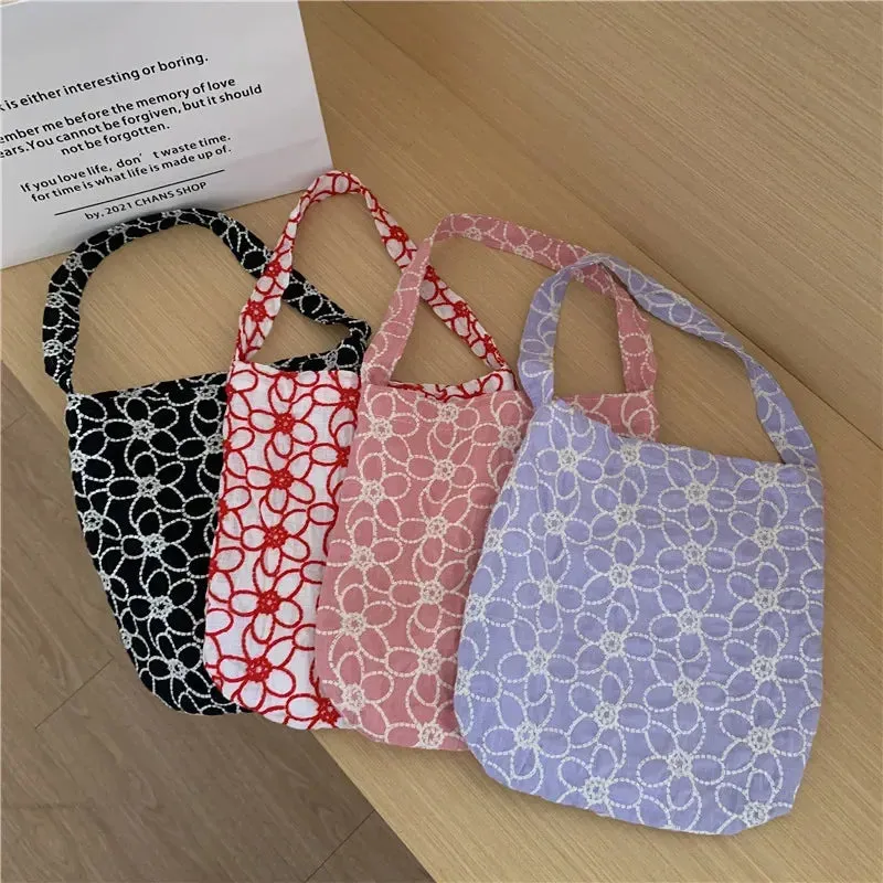 UAKISS  - New Style Ladies Cotton Shoulder Bag Korean Embroidered Flowers Female Totebags Fashion Large-capacity Shopping Bag School Bags
