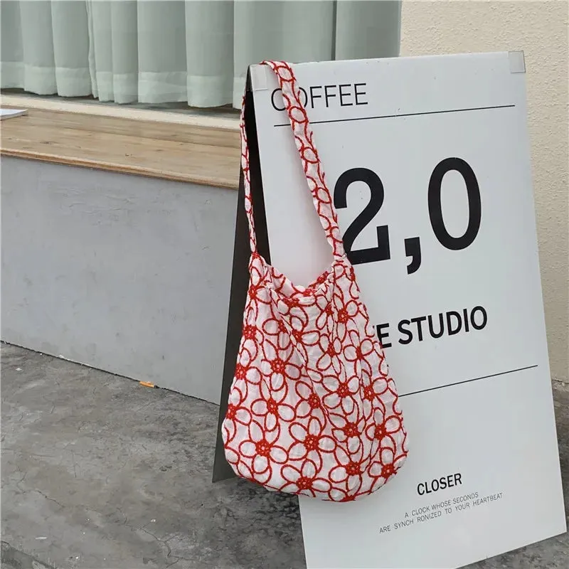 UAKISS  - New Style Ladies Cotton Shoulder Bag Korean Embroidered Flowers Female Totebags Fashion Large-capacity Shopping Bag School Bags