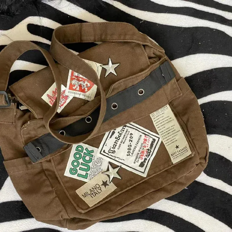 Uakiss Vintage Y2k Messenger Bag for Women Canvas Star Patch Students School Crossbody Bags American Fashion Retro Female Handbags