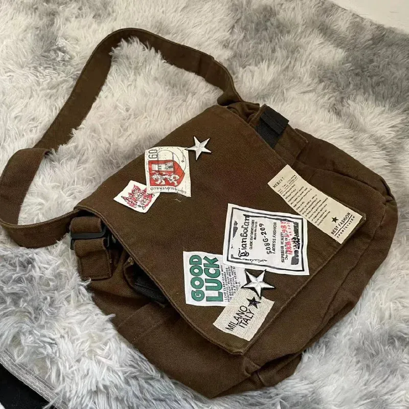 Uakiss Vintage Y2k Messenger Bag for Women Canvas Star Patch Students School Crossbody Bags American Fashion Retro Female Handbags