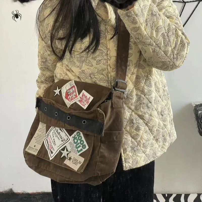 Uakiss Vintage Y2k Messenger Bag for Women Canvas Star Patch Students School Crossbody Bags American Fashion Retro Female Handbags