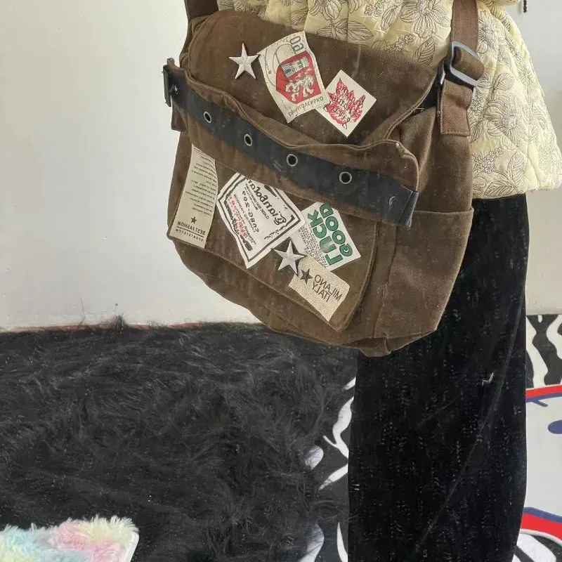 Uakiss Vintage Y2k Messenger Bag for Women Canvas Star Patch Students School Crossbody Bags American Fashion Retro Female Handbags