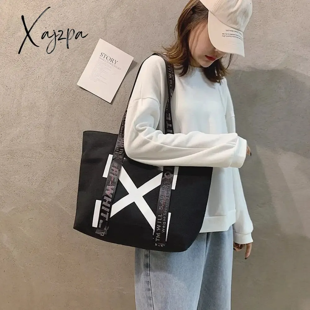 Xajzpa - Cotton Canvas Tote Shopping Bag Lady Bag Big Capacity Pockets Girl Messenger Bag School Books Travel Beach Tote Bags For Women